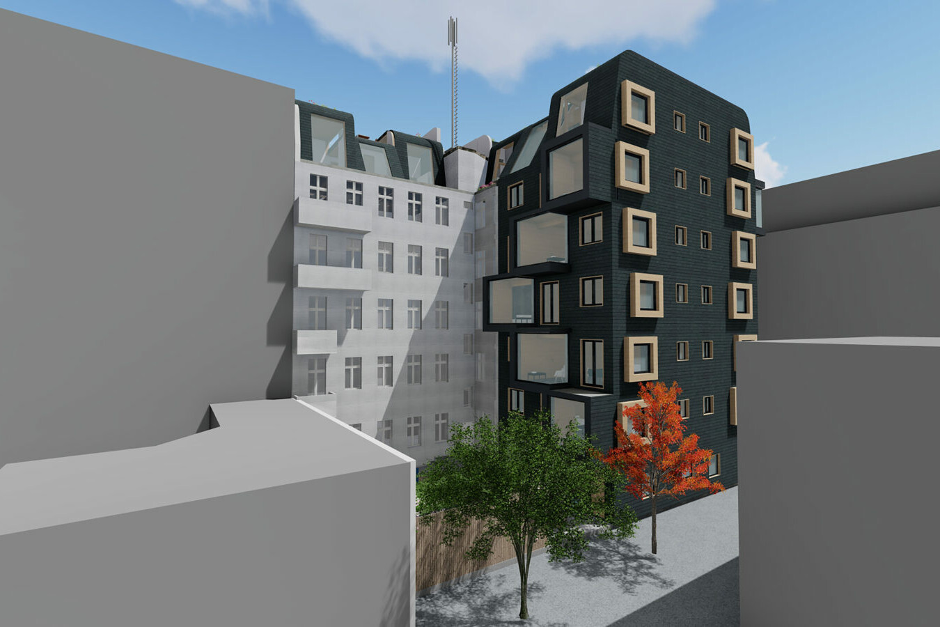 Neubau und Dachaufstockung in der Winsstr. in Massivholzbauweise. Bild von: Büro 213 Architekten GmbH.